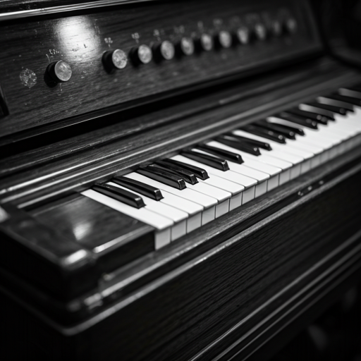 Vintage harmonium keyboard with dramatic lighting