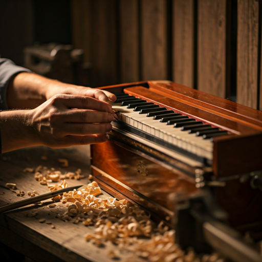 Artisan adjusting brass reeds of a harmonium