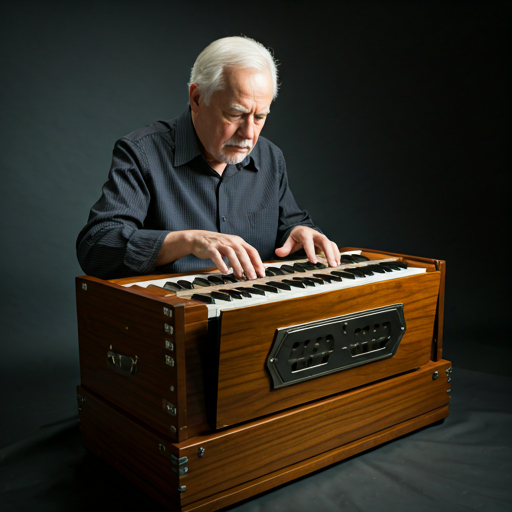 A master musician playing a harmonium with brass stops